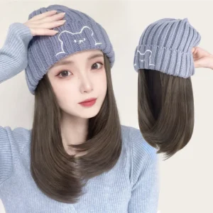 Synthetic 18inch hat wig all-in-one fashion autumn and winter bear knit hat clavicle hair versatile internet celebrity wig cap