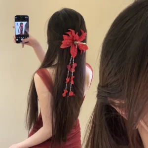 Red Fabric Women's Flower Hair Clip Sweet Petal Long Tassel Duck Down Clip Vacation Hair Accessory