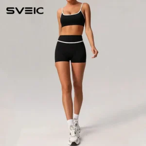 SVEIC Shorts Yoga Bra Sets Contrasting Colors Sexy Fitness Sportswear High Waist Workout Leggings Cycling Gym Shorts Sports Suit