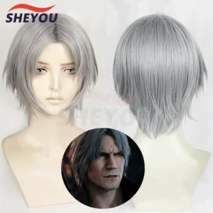 New Game Dante Cosplay Wig Short Silver Hair Heat Resistant Cosplay Costumes Halloween Cos Hair Wigs + Wig Cap