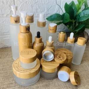 Cosmetic Packaging Frosted Glass Bamboo Botion Bottle For Serum Emulsion Lotion Bottles With Pump Essential Oil Bottles Top